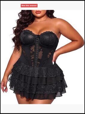 Plus Size Lace Corset Mini Dress with Built-in Shorts, Removable Straps,